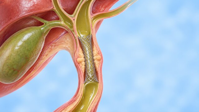 Biliary stent placement shown in premium clinical CGI with a stent spanning a narrowed bile duct and restoring internal drainage on a clean hepatobiliary intervention background.