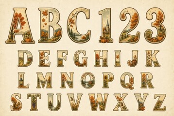 Fototapeta premium Vintage autumn decorative serif alphabet and numbers font sheet