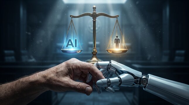 AI Versus Human: A conceptual image depicts a balanced scale with AI on one side and a human figure on the other.