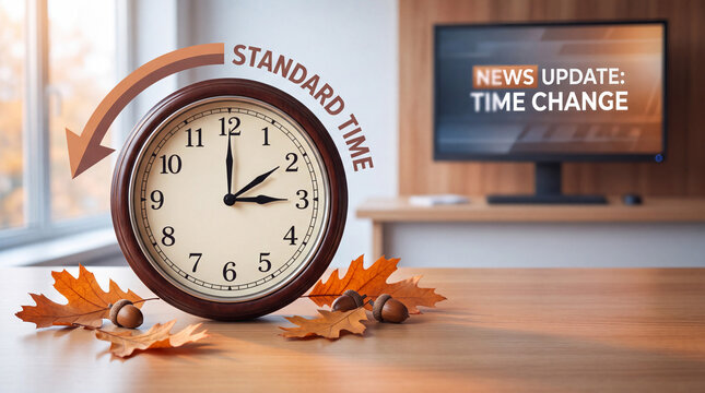 Alarm clock with backward arrow and Standard Time news announcement, illustrating the autumn change from daylight saving and seasonal time adjustment.
