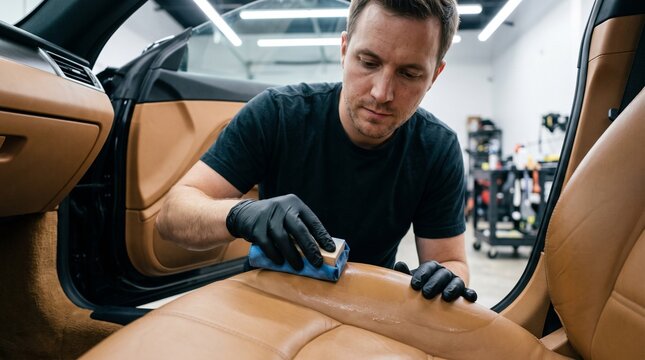 Professional cleaning leather car interior with suede block in auto workshop