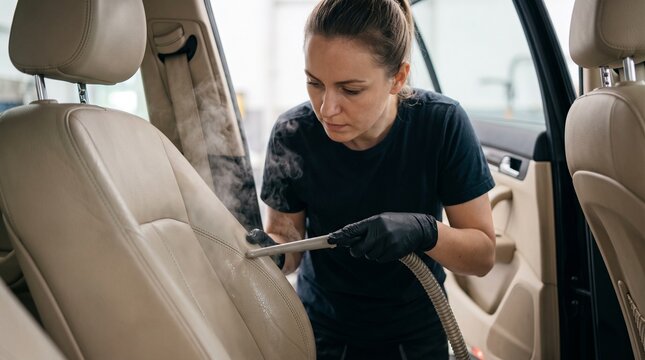 Professional detailer deep-cleaning car leather seats with steam sanitization tool