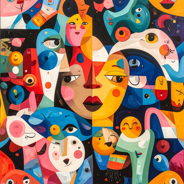 Abstract cubism faces collage modern art background
