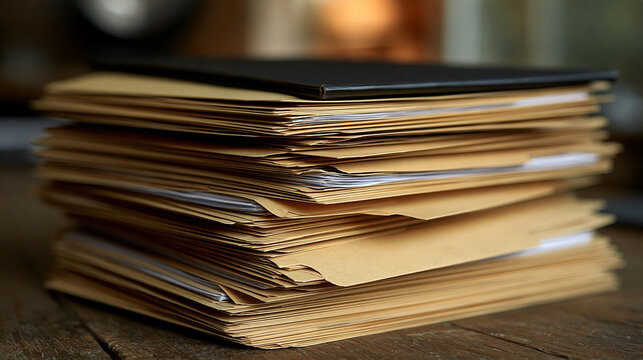 Elegant photo of A large stack of manila folders sits on a wooden desk under soft office lighting. Ideal for bureaucratic workload or archive concepts.