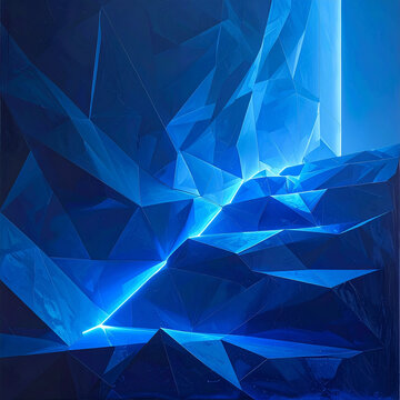 Abstract blue crystal geometric background with glowing light rays