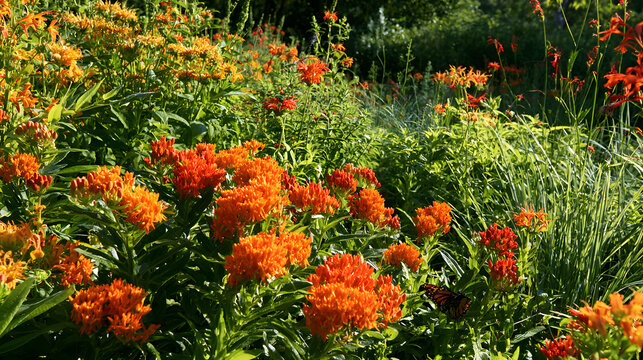 Butterfly Milkweed Patch Glowing Colorful In A Native Plant Garden