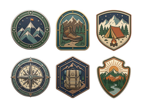 Set of six adventure badges featuring mountains, hiking gear, camping tents, and navigational compass symbols isolated on a transparent background