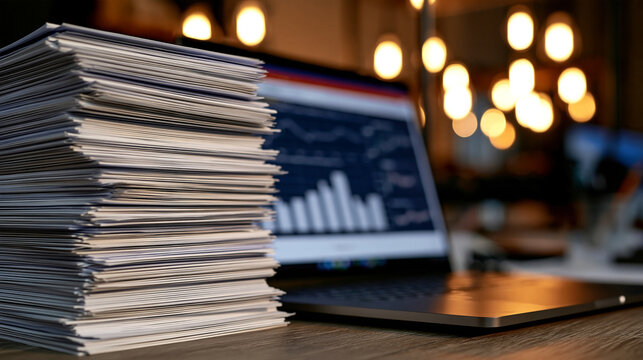 Elegant photo of A large stack of paperwork stands on a desk next to a laptop displaying financial charts. Ideal for business analysis and tax season concepts.