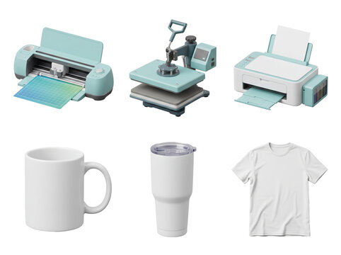 Set of crafting machines including cutting plotter, heat press, inkjet printer, mug, tumbler, and blank t-shirt isolated on a transparent background