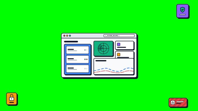 Retro browser dashboard windows and security icons on green screen