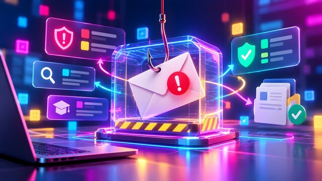 Digital security concept illustrating a cyber phishing attack with a hook catching a warning email, surrounded by glowing abstract data protection icons.