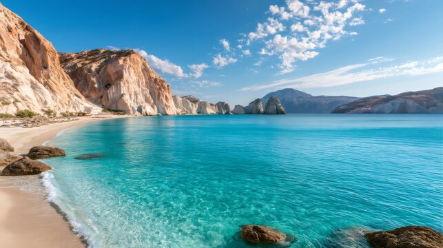 Firiplaka beach with turquoise sea and volcanic cliffs in milos
