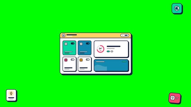 Digital dashboard interface windows floating on green screen