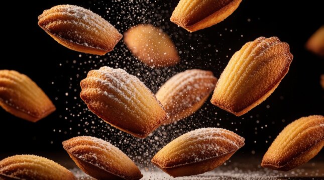 Floating madeleine cakes fall through air with powdered sugar dust. Sweet French pastry treats fly over dark black background. Delicious baked dessert snacks with sugar topping levitate in cinematic