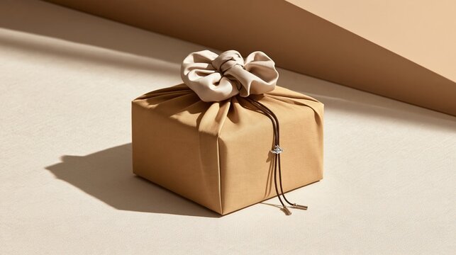 Elegant Gift Box Wrapped in Neutral Fabric with Decorative Tie and Soft Shadows