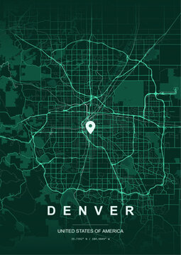 Modern minimalist vector map of Denver, Colorado, USA. Scalable Mile High City street grid, South Platte River, I-25, I-70 highway interchange, RTD light rail lines, routes for wall art print layouts