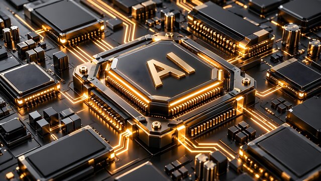 Close-up of a glowing AI processor chip on a dark, intricate circuit board, symbolizing advanced machine learning and data processing technology.