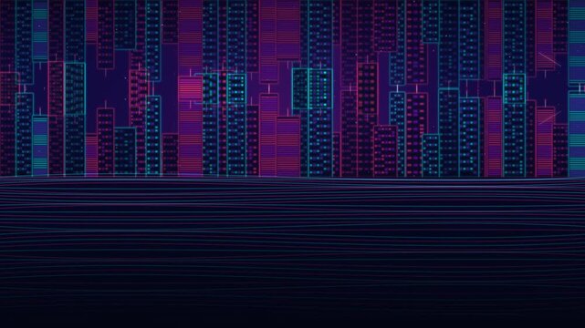 Neon Cyberpunk Cityscape Skyline with Glowing Linear Buildings and Horizontal Waveform Motion Graphi