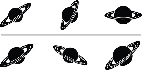 Set of black saturn planet icons with rings in various angles for © Tonmoy Hasan