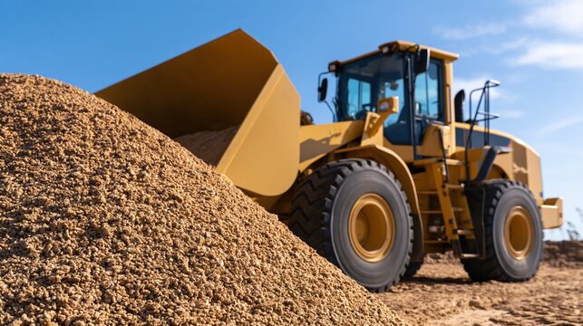 Heavy yellow wheel loader excavating and moving a large pile of gravel at a construction site under a clear blue sky