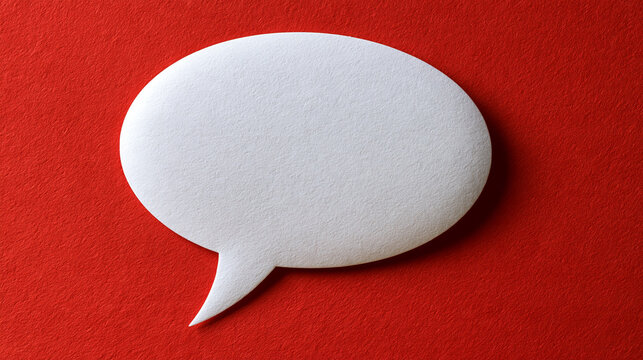 Elegant photo of A white felt speech bubble cutout is placed on a textured red background. Great for communication and social media design concepts.