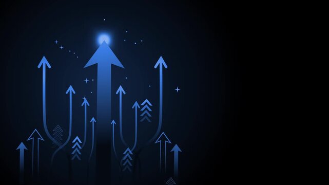 Glowing arrows rise background showing growth progress and success in a modern abstract concept animation