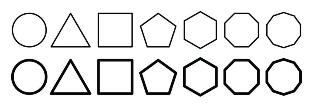 Set of basic geometric shapes like circle, square, triangle, Pentagon, Hexagon, octagon and decagon in solid and outlined style. Stock illustration