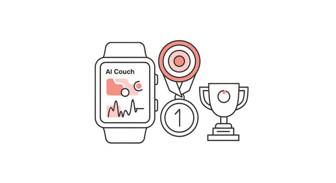 Smartwatch with AI coaching, medal, target, and trophy symbolizing achievement and success