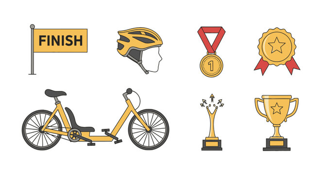 Cycling Race Icons: Bicycle, Helmet, Finish Flag, Trophies, Medals, Award