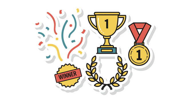 Award Winning Icons: Trophy, Medal, Wreath, Winner Badge & Confetti