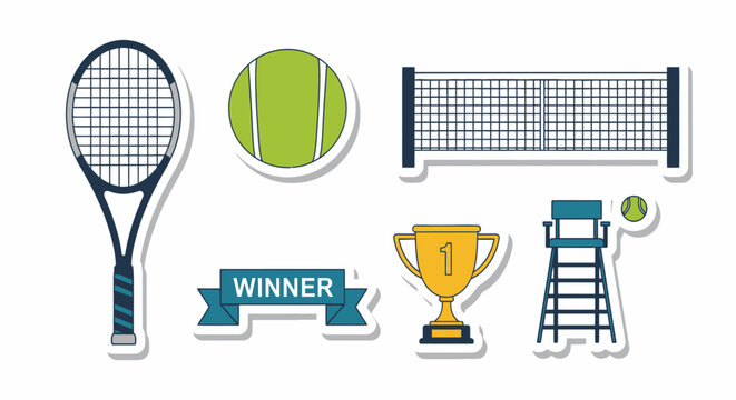 Tennis Sports Equipment and Trophy Icon Set