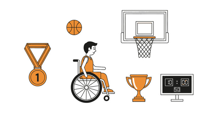 Wheelchair Basketball Player with Trophy, Medal, Hoop, and Scoreboard Icon