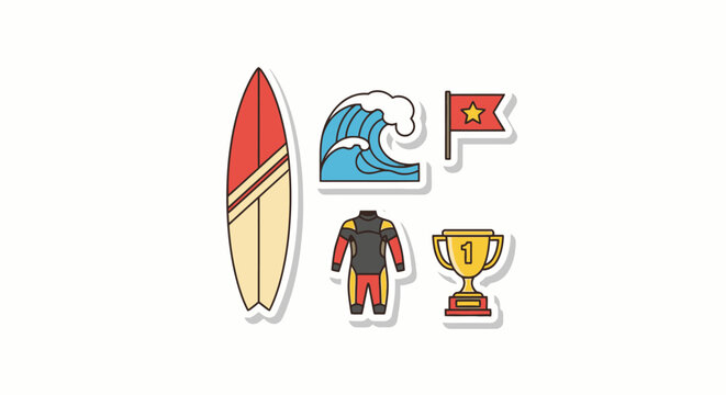 Surfing Lifestyle Icons: Surfboard, Wave, Wetsuit, Trophy, and Flag