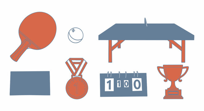 Table Tennis Sports Icons: Paddle, Ball, Net, Medal, Trophy, Scoreboard, Rectangular Element