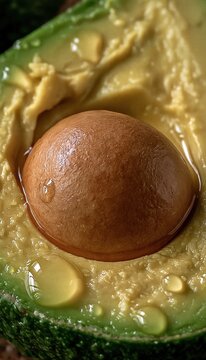 Close-up macro shot of a ripe avocado cut in half, revealing its creamy green flesh and large central pit, glistening with water droplets.