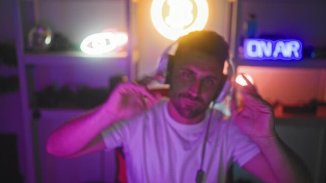 Man adjusting headset and reaching forward with hand in a studio lit by neon on air signs and ring light; focused concentration.