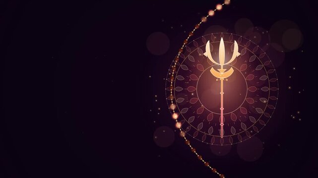 Golden Trishula trident with glowing mandala pattern on dark motion background loop