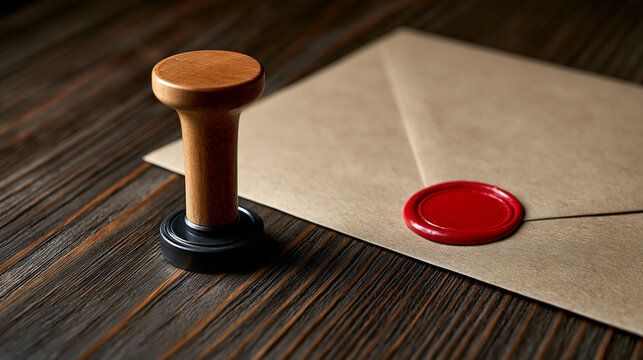 Elegant photo of A wooden stamp stands next to a kraft paper envelope sealed with red wax on a dark table. Ideal for vintage correspondence and security concepts.