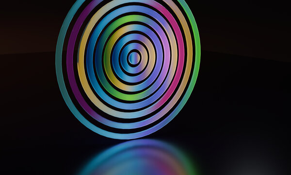 Round 3D bullseye of iridescent bands on dark brown