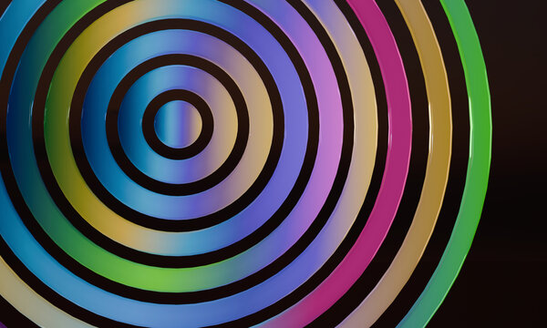 Multicolored 3D circles against a deep brown backdrop