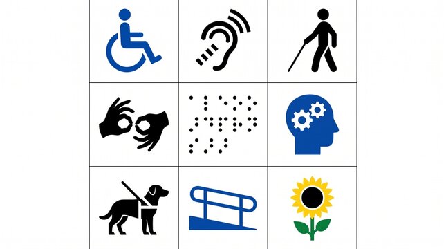 International standard disability signage and hidden disability icons set. Square pictograms of physical wheelchair access, hearing loss, blind pedestrian, sign language, braille, mental health, and s