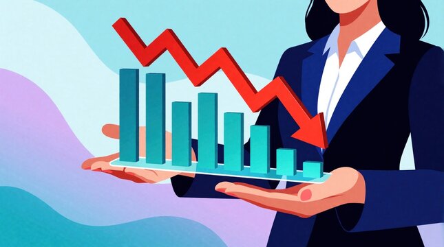 Businesswoman holds falling bar chart with red downward arrow. Economic crisis concept shows market loss, negative trend. Financial decline illustration recession, bankruptcy, declining profit.