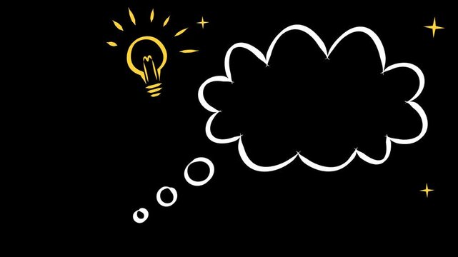 Hand Drawn Thought Cloud Puffing with Yellow Idea Bulb and Sparkles