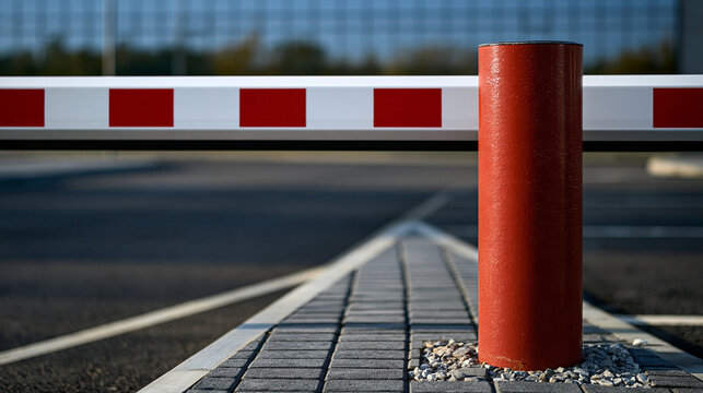 Elegant photo of A red and white automatic barrier arm with a red security bollard restricts vehicle access. This image represents access control, security, and restricted entry.