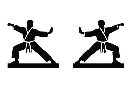 Black silhouette of martial arts karate fighters in action pose vector set