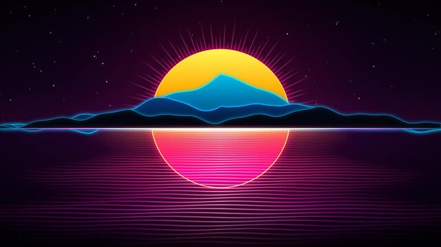Retro Synthwave Landscape with Glowing Neon Sun over Dark Mountains and Reflective Digital Ocean