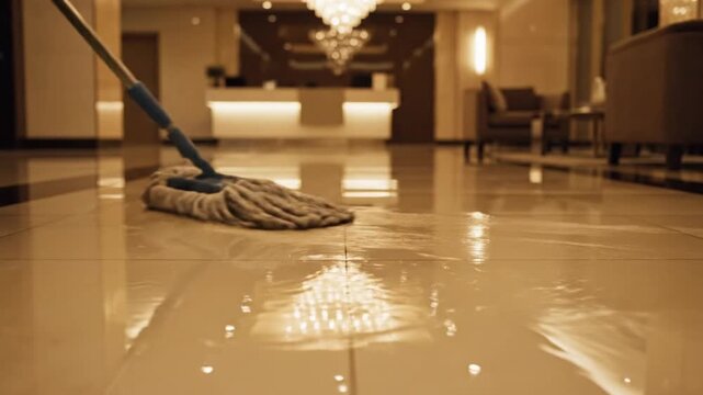 Mop cleaning shiny marble floor in a large hotel lobby interior