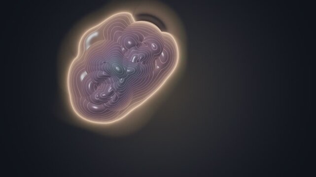 Abstract glowing metaballs morphing and merging with color shift seamless loop. Vibrant liquid metaballs with topographic glow lines background 