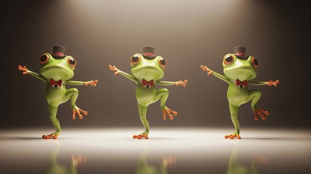 Three Frogs in Top Hats Performing dance in Studio