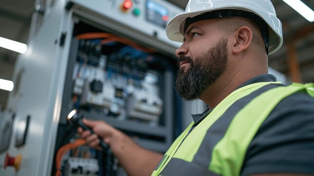 Skilled technician in hard hat and safety vest inspects electrical control panel with flashlight